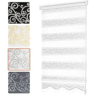 Doppelrollo ohne Bohren, Doppelrollo für Fenster mit Muster, Bailena, Lichtschutz, ohne Bohren, freihängend, Klemmfix, Duo Rollos mit Perlen, glitzernd, Ranken Blumen Motiv silberfarben|weiß 50 cm x 200 cm