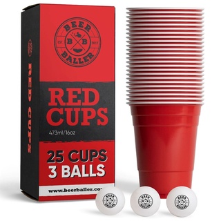 BeerBaller® original Red Cups - 25 rote Beer Pong Becher & 3 Bierpong Bälle