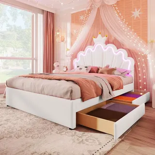 Polsterbett 140x200 cm Weiß Metallbett-Gestell mit Kopfteil LED Kronenform Kinderbett Jugendbett mit 2 Schubladen Ohne Matratze Exkl Lattenrost - Weiß