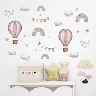 Montegoni Wandsticker Aquarell Rosa ballon & Regenbogen Wandaufkleber – Dekorative Wolken, geeignet für Kinderzimmer, Babyzimmer, Wohnraum Dekoaufkleber rosa