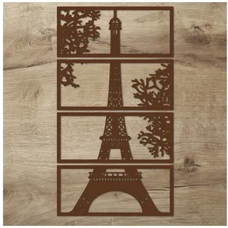 Namofactur Wanddekoobjekt XXL Eiffelturm Holz Wandbild Paris Wanddeko Wohnzimmer Schlafzimmer (6mm, 4-teilig), 3D-Wandtattoo Eiffelturm Paris gerahmt Wandgestaltung für dein Zuhause braun