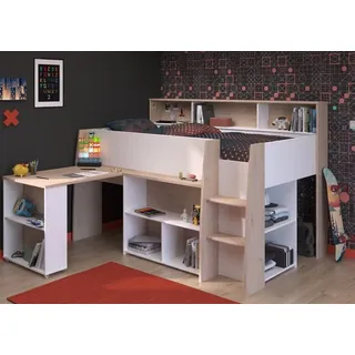 Hochbett Lucas Liegefläche 90x200 cm incl. Schreibtisch Regale in Weiss/Eiche