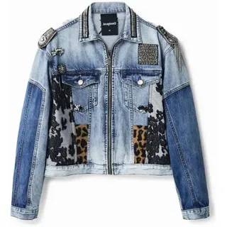 Desigual Damen Jacke - Blau, Denim mit Pailletten und Animal-Print 22WWED085005