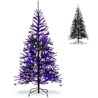 GYMAX Halloween Geisterbaum in schwarz, Kunstbaum mit 250 lila LED-Leuchten & Halloween-Dekorationen, Dekobaum mit 791 Spitzen, für Halloween, Weihnachten