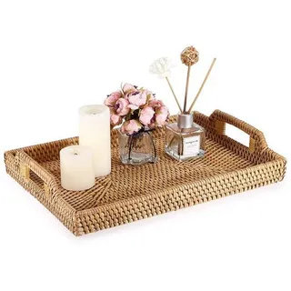Famanu rechteckiges Rattan Tablett mit Griff - 34 x 24 cm - für Kaffee und Frühstück - Dekoration und Aufbewahrung