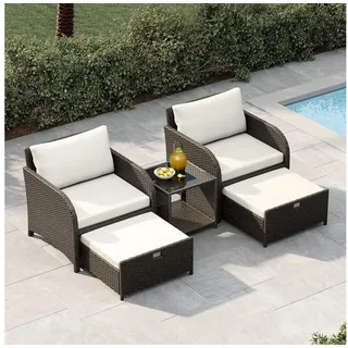 GarveeMore Gartenlounge-Set Terrassenmöbel mit Tisch,5 teilig Rattan Balkonmöbel Kleiner Balkon, Gartenmöbel Set Balkonset 2 Rattansessel mit Hocker,Outdoor Sitzgruppe beige