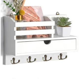 Irayin Schlüsselbrett Holz mit Ablage, Schlüsselhalter Holz mit 4 Doppel Schlüsselhaken und Aufbewahrungsschublade, Wand Schlüsselboard für Eingangsbereich, Flur, Wohnzimmer, Büro - Weiß