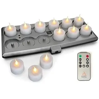 Smart Candle Led Teelichter wiederaufladbar mit Fernbedienung und Ladestation, elektrische Led-Kerzen, Flackernde Kerze ohne Flamme wasserdicht auch für Outdoor, Teelicht aufladbar 12 Stück