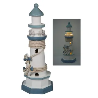 CBK-MS. Leuchtturm 30 cm mit Tau + Anker blau/Weiss LED Beleuchtung wunderschöne Maritime Deko für Wohnung Tisch oder Fenster
