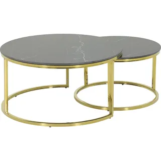 Hela Couchtisch Joel, rund 2er Set 80x41/60x37 cm Sintered Stone Mamor-Optik schwarz/goldfarbig