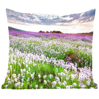 MuchoWow Dekokissen Blumen - Lavendel - Lila - Himmel - Sonnenuntergang - Wiese - Natur, Zierkissen mit Füllung für Wohnzimmer, Sofakissen, 40x40 cm bunt Quadratisch | 40 cm x 15 cm x 40 cm