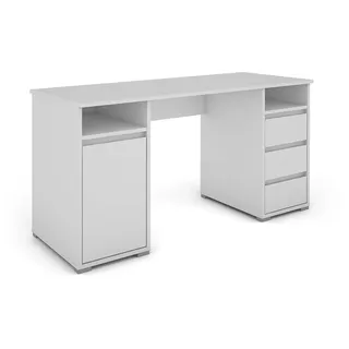 byLIVING Lobo 01 Schreibtisch mit Melaminoberfläche in weiß, 3 Schubläden, 1 Tür, viel Stauraum, pflegeleicht, Holzwerkstoff Spanplatte, B 138, H 75, T 55 cm