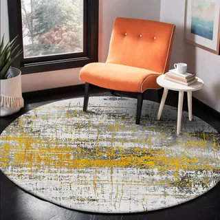 ARUGYTEI Teppich Rund,Schwarz, Silber grau, Orange gelb abstrakt,Teppich Runder Kurzflorteppich für Wohnzimmer Schlafzimmer Esszimmer,Yellow, ø 140 cm