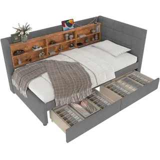 Stauraumbett mit Schubladen, Lattenrost, Regal, USB und Type-C Anschluss, 90x200 cm, Einzelbett, Polsterbett, Leinen - Grau
