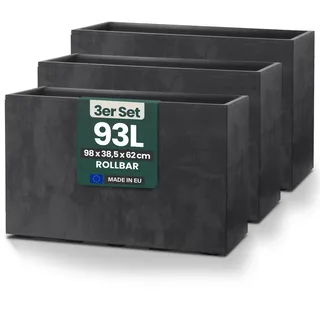 Kreher® XXL Sichtschutz Pflanzkasten hoch 93L - 98x38,5x62 cm - doppelwandig & rollbar, mit Entwässerungsstopfen - Naturstein Optik, 3 Stück Ant... - Grau