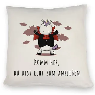 speecheese Dekokissen Einhorn-Vampir Kissen mit Spruch Du bist echt zum Anbeißen