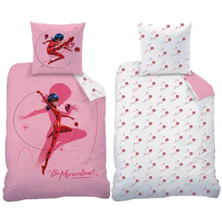 Miraculous Ladybug Kinder-Bettwäsche Shadow Rosa 135 x 200 + 80 x 80 cm 100% Baumwolle Biber-Flanell-Qualität Marinette Adrien Cat Noir Lady Bug Mädchen Paris mit Reißverschluss deutsche Größe