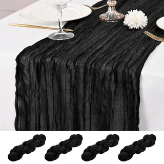 4 Stück Schwarz Tischläufer, 55 x 300 cm Schwarz Seihtuch Tischläufer, rustikale Gaze romantischer Langer Stoff, 3M Langer Tischläufer für Hochzeit, Party, Brautparty, Babyparty