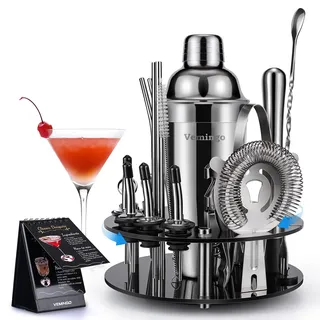 20 Teiliges Geschenkset Cocktail Set Shaker mit 360° Drehbarem Acryl Ständer | Cocktail Shaker Set Edelstahl | Cocktailshaker Geschenk Cocktail Bar Set Cocktailset Groß 750ML Cocktails Mixer