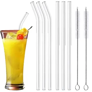 Glasstrohhalme gebogen Strohhalm Bürste im Set Glas Strohhalme, 6 Stück 10mm Glas Strohhalme Wiederverwendbar mit 2 Stück Reinigungsbürste - Einheitsgröße