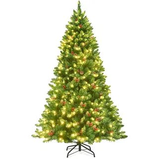 GIANTEX 135 cm Weihnachtsbaum künstlich, Tannenbaum mit 300 LEDs warmweiß, Christbaum geschmückt mit Tannenzapfen & roten Beeren, Christmas Tree Eisenständer, Kunsttanne naturgetreu grün