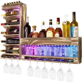 Yorbay Weinregal aus Holz, Wandbar mit Korkhalter, mit LED Beleuchtung, für Weingläser, Whiskygläser, Wandmontage Wand Flaschenhalter Vintage Stil für Hausbar