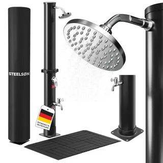 STEELSØN Velion Solardusche Garten 40 L – Solar Gartendusche 60° mit Bodenplatte – Außendusche schwarz Winterfest – Pooldusche mit Fußdusche & Regenduschkopf – inkl. Gartenschlauch-Anschluss & Cover