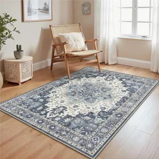 GENIMO Vintage Blau Teppich Läufer Flur 80x150cm Teppichläufer Waschbar | Waschbarer Teppich, Weich Rutschfest, Kurzflor im Retro, für Eingangsbereich, Badezimmer Schlafzimmer,für Flur Carpet