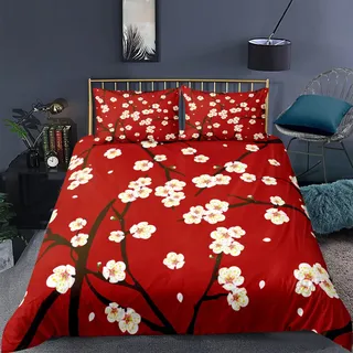 RFFLUX 100% Microfaser 3D Mehrfarbig Sakura rot Bettwäsche 220x240 cm 3teilig mit Reißverschluss Sommerbettwäsche Weich und Angenehme Bettwaren Set mit 2 Kissenbezug 80x80 cm für Erwachsener