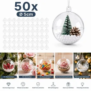 50 Acrylkugeln Ø 5 cm Transparent Bastelkugeln Füllbare Kunststoffkugeln Weihnachtskugeln DIY Dekoration zum Befüllen Teilbar Dekokugeln