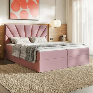 MOTIVENA Aspen Boxspringbett 180x200 mit Bettkasten und Topper, Polsterbett 180x200 mit Bettkasten, Bonellfederkern-Matratze (H4), T28 Komfortschaumstoff Topper (H3), Samt, Rosa (Pink)