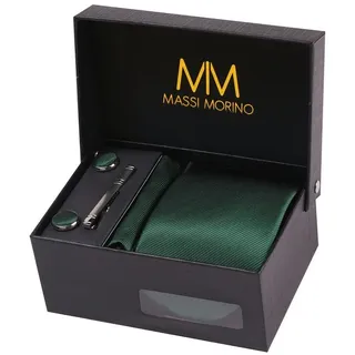 MASSI MORINO Krawatte mit Einstecktuch Set Herren inkl. Manschettenknöpfe, Krawattennadel und Geschenkbox - Männer Krawattenset zur Hochzeit - Einheitsgröße