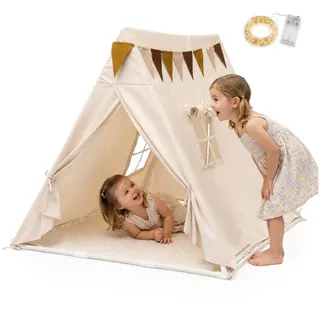 Mamabrum Spielzelt Mamabrum Tipi Zelt für Kinder mit Matte, LED-Lichterkette & Wimpel beige|weiß