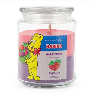 Haribo Duftkerze im Glas mit Deckel | Happy Berry | Fruchtig | Kerze mit langer Brenndauer (100h) | 2 Schichten Kerze im Glas | Groß (510g)