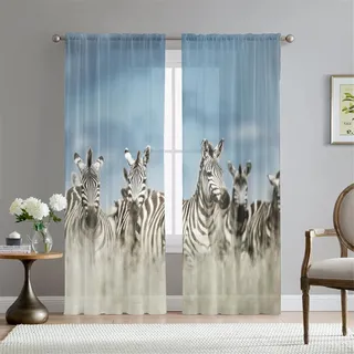 Hiseng Gardinen Vorhang Küche 2er Set Tierdruck Voile Vorhänge Halbtransparent Schiebegardinen Moderne Voile Vorhang Gardine für Wohnzimmer Schlafzimmer Fenster (Zebra,132x160cm)