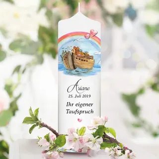 Taufkerze Arche Noah mit Tieren und Wunschdaten - Kerze zur Taufe, Geburt oder Kommunion – weiß 25 x 7 cm mit Name, Datum, ggf. Taufspruch / / Kerze 25x7 cm (eigener Taufspruch)