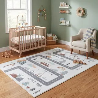 Carpetsale24 Kinderteppich Straße Spielteppich für Kinderzimmer in Creme mit Fahrzeug und Natur Motiv Größe 120x170 cm ideal als Spielteppich