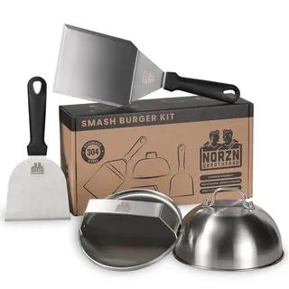 Smash Burger Set – Burger Smasher Set inkl. Hamburgerpresse, Burgerglocke Edelstahl 304, Grillspachtel Edelstahl Plancha Smashed Burger Presse, Smashburger Set, lebensmittelecht, 10 Jahre Garantie