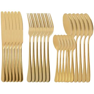 BSDLZCH 24-Teiliges Besteckset Gold für 6 Personen, Edelstahl, Luxus | Geschirr mit Messer, Gabel & Löffel. Spiegelpoliert & spülmaschinenfest. Elegantes Tafelbesteck für Haushalt & Gastronomie