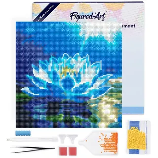 Figured'Art Mini Diamond Painting Erwachsene 25x25cm Mit Rahmen Ganze Leinwand gespannt Glänzende Weiße Lotusblume 5D Bilder Runde Steine - DIY Set Basteln