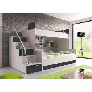Generisch Etagenbett TOMI 2 Halbhochbett mit Treppe inklusive Stauraum Doppelstockbett Hochglanz Kinderbett Hochbett Tomi Schubfächer + Rahmen (Links, Weiß/Grau)
