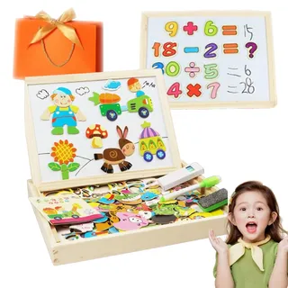 Wolkenschaukel 2 in 1 Montessori Zeichentafel, Magnetisches Holzpuzzle, 163 Stück Tiermuster Pädagogisches, Doppelseitige Magnettafel Kinder, Montessori Spielzeug ab 2 3 4 Jahre (B)