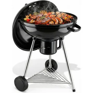 TLGREEN Holzkohlegrill Kugelgrill Ø 57 cm, Porzellanemailliert, mit abnehmbarem Aschekasten, Lüftungssystem, Räder, 55 cm Grillfläche, Höhe 97 cm, für Garten, Camping, Party, Picknick, Terrasse, Outdoor BBQ schwarz