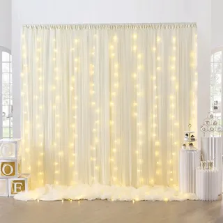 3 x 3 m, zweilagiger elfenbeinfarbener Hintergrund, Vorhangpaneele mit elfenbeinfarbenem Tüll mit Lichtern, 2 Paneele 1,5 x 3 m, Fotohintergrund, Vorhänge für Hochzeit, Babyparty, Party, Verlobung,
