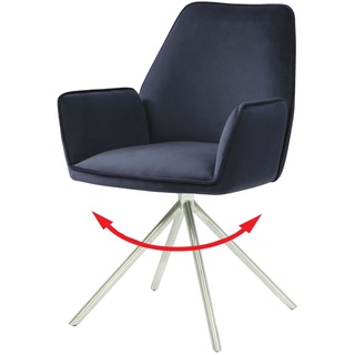 Esszimmerstuhl HWC-G67, Küchenstuhl Stuhl mit Armlehne, drehbar Auto-Position, Samt anthrazit-blau, Edelstahl