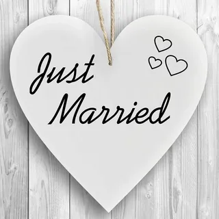 Herzschild Holzherz Holzschild 16 x 16 cm Just Married weiß Dekoschild Wandschild Schild Holz Heirat Ehe Flitterwochen