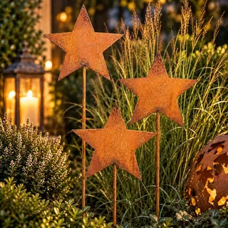 Gartenstecker 3er-Set Sterne aus Edelrost-Metall für Weihnachten, 60 cm