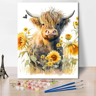 TISHIRON Highland Cow DIY Malen nach Zahlen für Erwachsene Anfänger Kits Minimalist Sonnenblume Blume Ölmalerei Frauen Bild Leinwand Acryl Pigment Kunsthandwerk für Home Wall Decor 16x20 Zoll