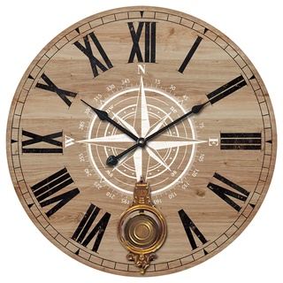 ROCKING GIFTS Große runde Wanduhr mit Pendel Dekorative Zeichnung Kompass mit römischen Ziffern, Braun MDF Holz, Wanddekoration Vintage Stilvolles Design, 58 cm