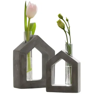Dekoleidenschaft ausgefallene Vase Haus aus Beton mit Reagenzglas für einzelne Blumen, Dekoobjekt mit Blumenvase